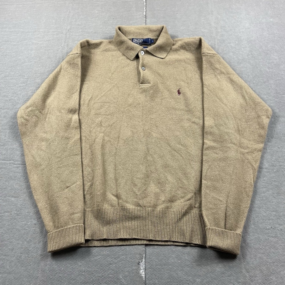 Vintage Polo Ralph Lauren Mens Large Beige Lambswool Long Sleeve Polo Sweater
